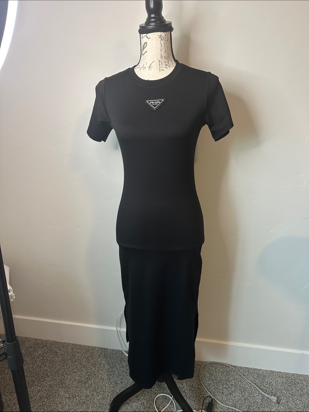 Prada Black Short-Sleeve Ribbed Crewneck Midi Dress With Logo